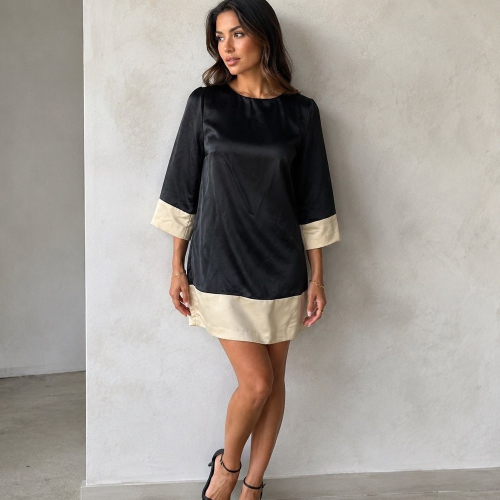 HM Black Champagne Satin Colorblock Shift Dress Size 4 3/4 Sleeve Keyhole Back